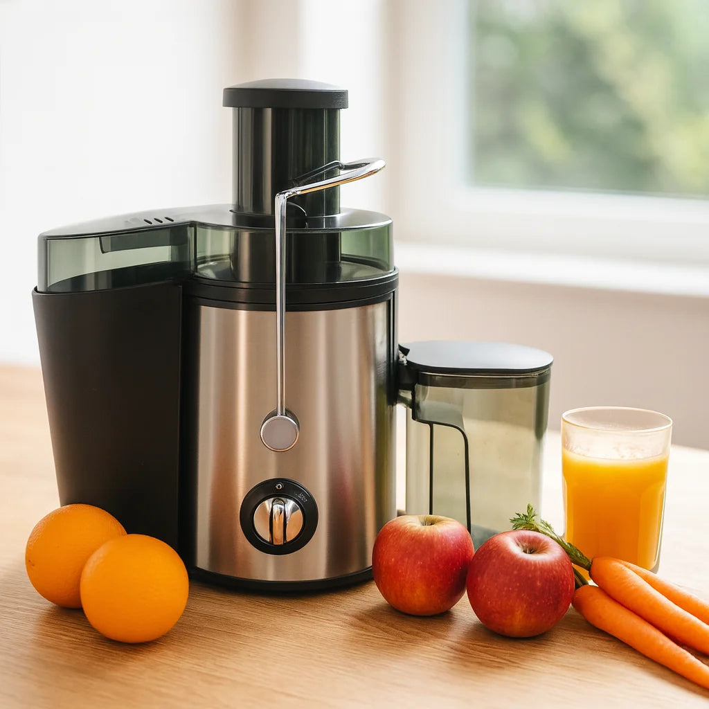 Centrifugeuse Inox 800 W Grande Ouverture sur un plan de travail de cuisine avec des fruits frais et un verre de jus