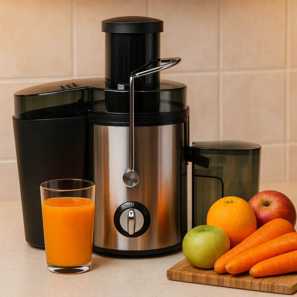Centrifugeuse Inox 800 W Grande Ouverture en gros plan avec un verre de jus fraîchement pressé