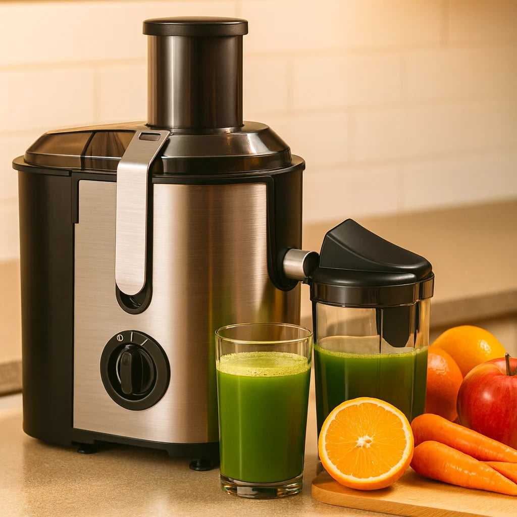 Centrifugeuse XL Cheminée 81 mm, 3 Vitesses en gros plan avec un verre de jus fraîchement pressé