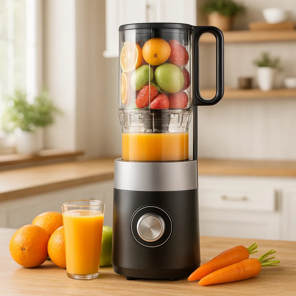 Extracteur de Jus Compact à Pression Froide sur un plan de travail de cuisine avec des fruits frais et un verre de jus