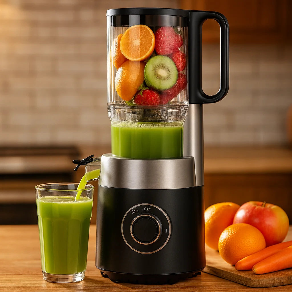 Extracteur de Jus Compact à Pression Froide en gros plan avec un verre de jus fraîchement pressé