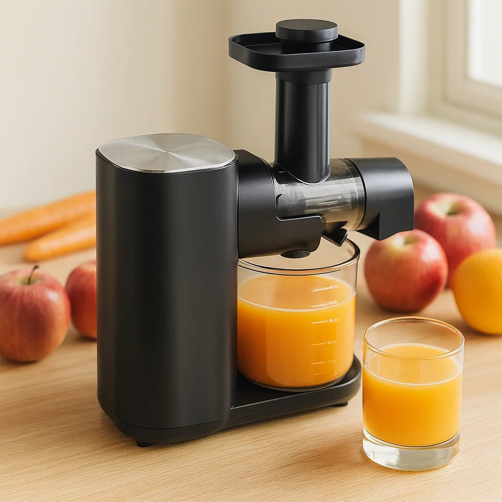 Extracteur de Jus Horizontal à Pression Froide 150 W sur un plan de travail de cuisine avec des fruits frais et un verre de jus