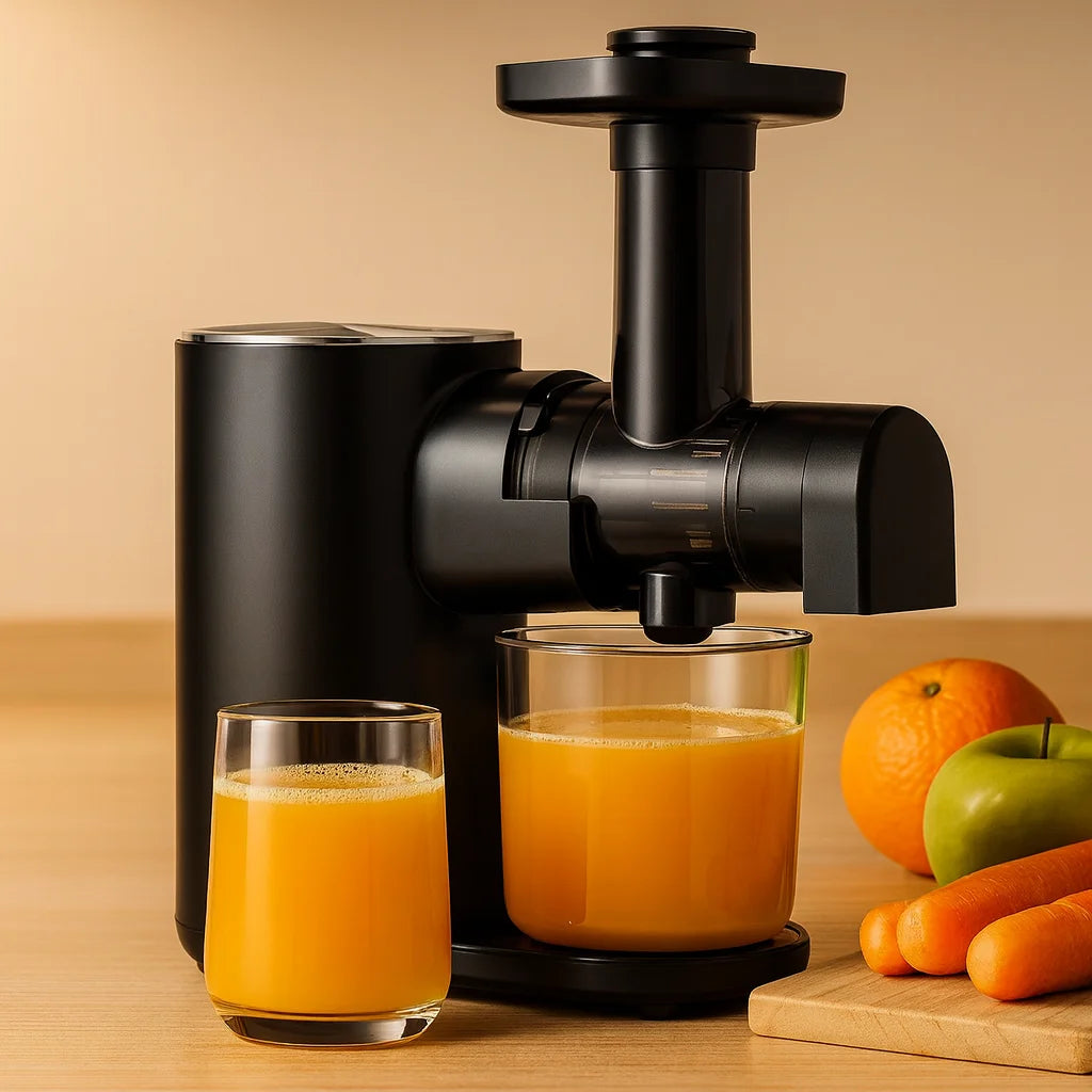 Extracteur de Jus Horizontal à Pression Froide 150 W en gros plan avec un verre de jus fraîchement pressé