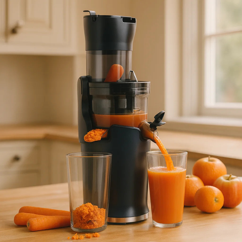 Extracteur de Jus Vertical Fruits Entiers 78 mm sur un plan de travail de cuisine avec des fruits frais et un verre de jus