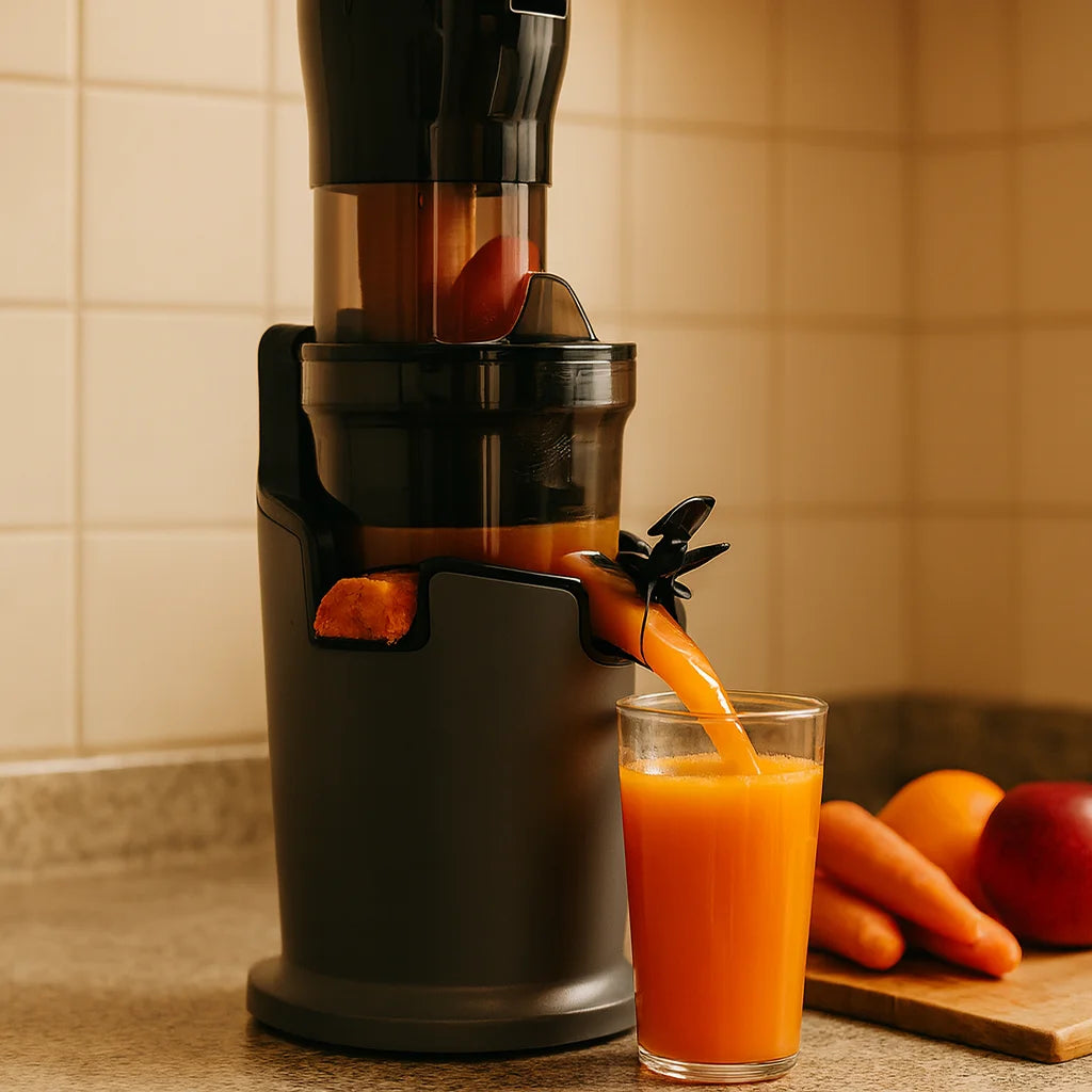 Extracteur de Jus Vertical Fruits Entiers 78 mm en gros plan avec un verre de jus fraîchement pressé