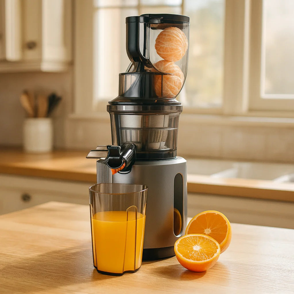 Extracteur de Jus Vertical Premium 75 mm Silver sur un plan de travail de cuisine avec des fruits frais et un verre de jus