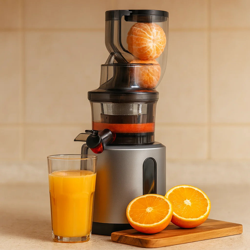 Extracteur de Jus Vertical Premium 75 mm Silver en gros plan avec un verre de jus fraîchement pressé