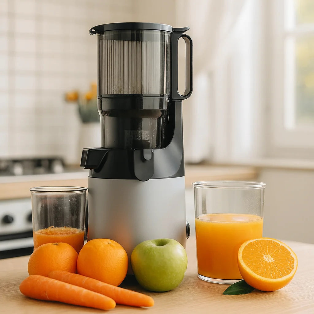 Extracteur de Jus XL Fruits Entiers 130 mm sur un plan de travail de cuisine avec des fruits frais et un verre de jus