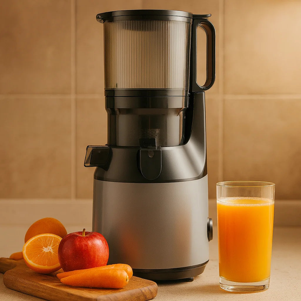 Extracteur de Jus XL Fruits Entiers 130 mm en gros plan avec un verre de jus fraîchement pressé