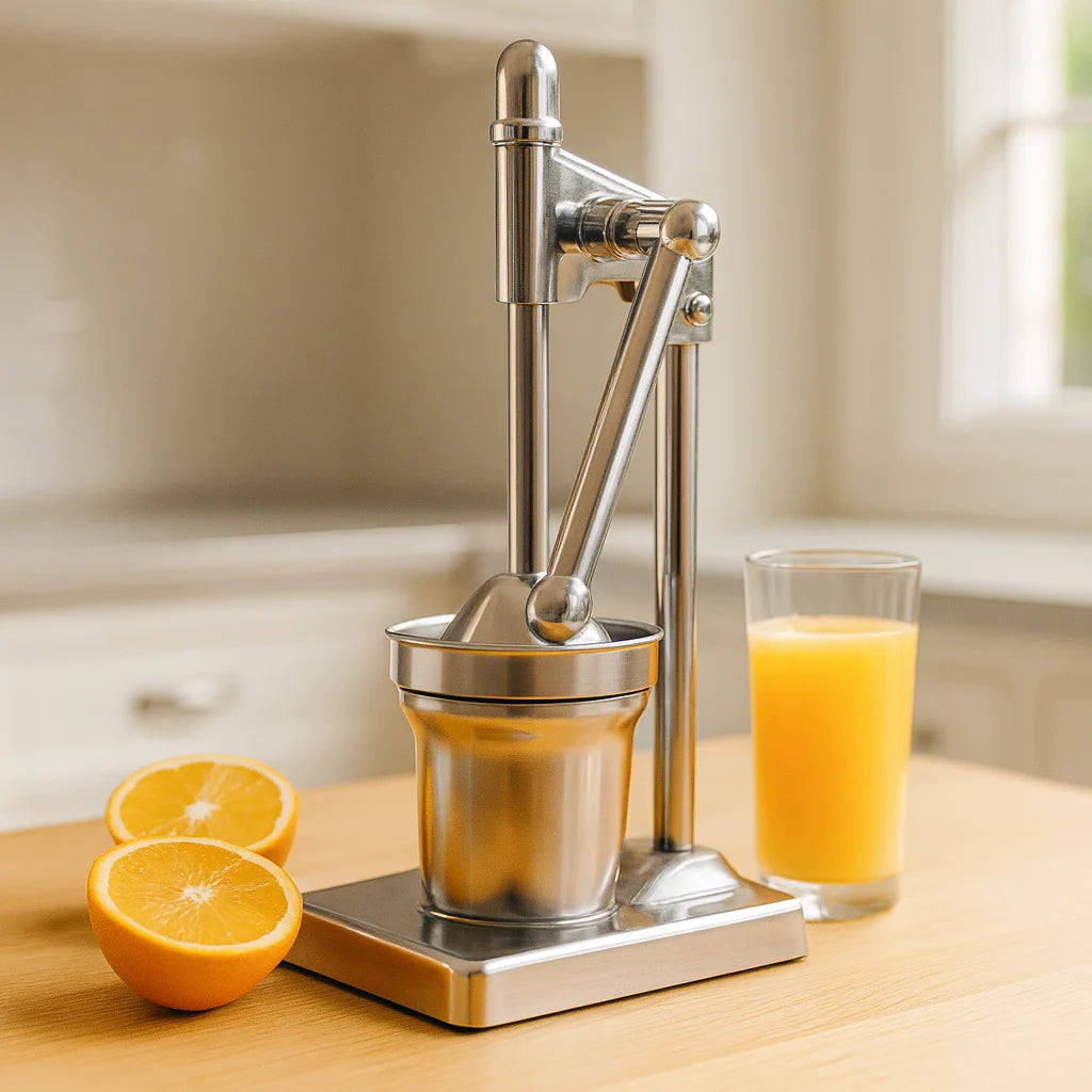 Presse Agrume à Levier Design sur un plan de travail de cuisine avec des fruits frais et un verre de jus