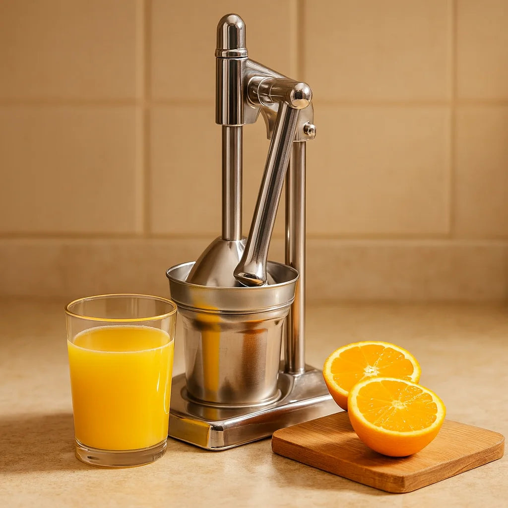 Presse Agrume à Levier Design en gros plan avec un verre de jus fraîchement pressé