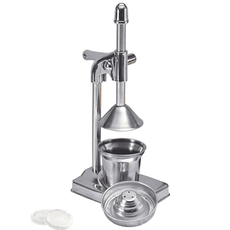 Presse agrume à levier design avec structure métallique robuste.