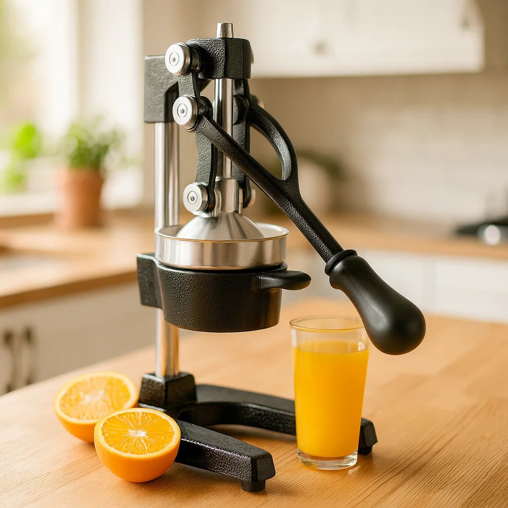 Presse Agrume à Levier Professionnel sur un plan de travail de cuisine avec des fruits frais et un verre de jus