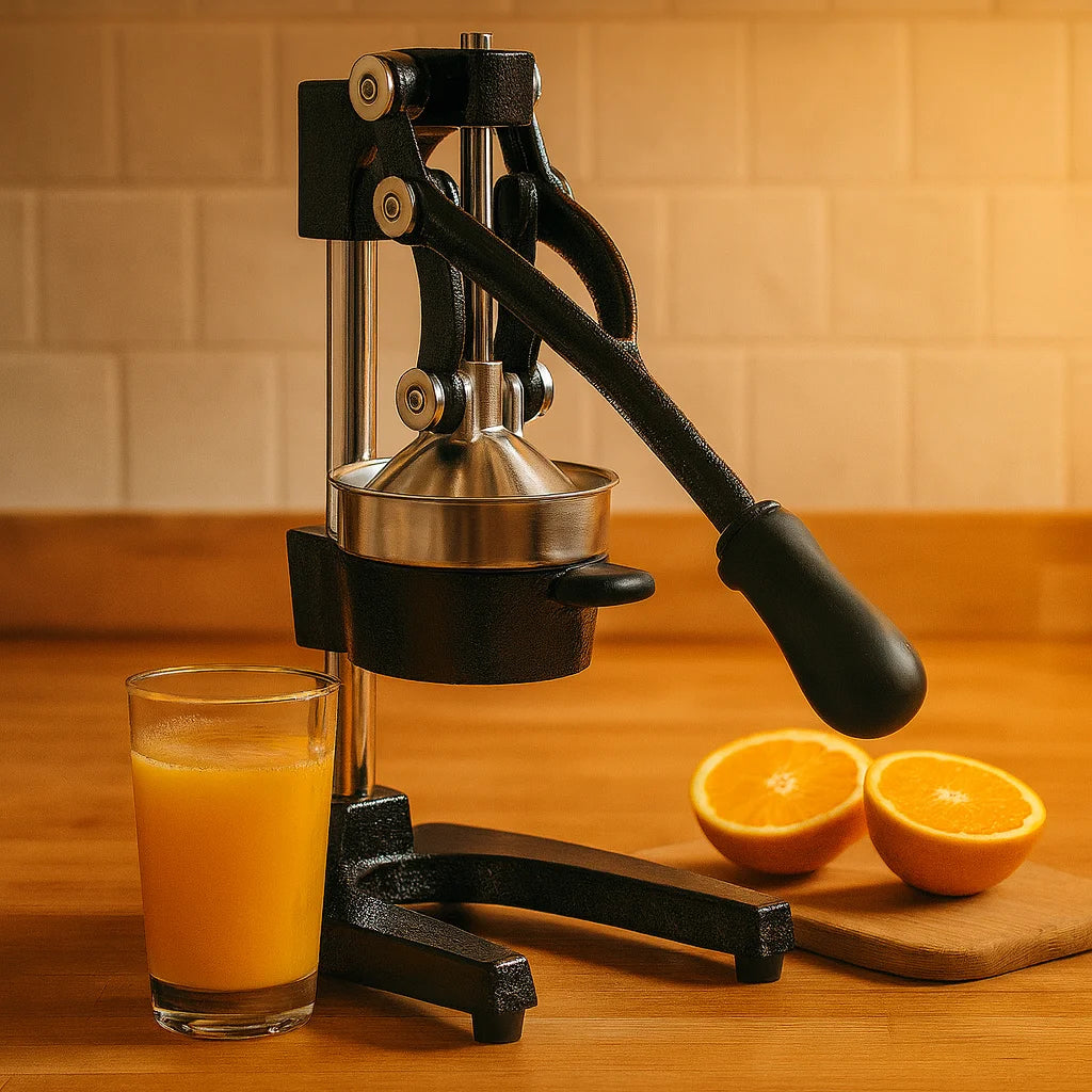 Presse Agrume à Levier Professionnel en gros plan avec un verre de jus fraîchement pressé