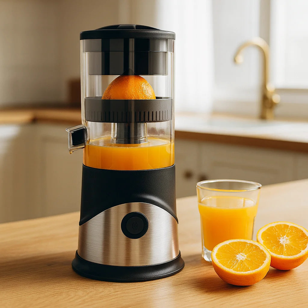Presse Agrume Automatique Électrique Premium sur un plan de travail de cuisine avec des fruits frais et un verre de jus