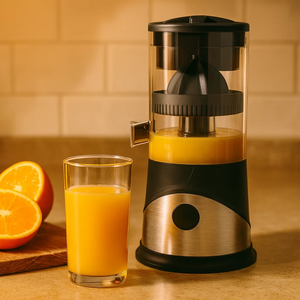 Presse Agrume Automatique Électrique Premium en gros plan avec un verre de jus fraîchement pressé