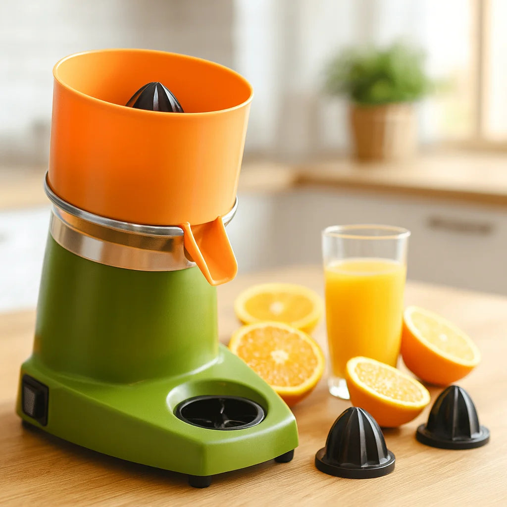 Presse Agrume Automatique Professionnel Compact sur un plan de travail de cuisine avec des fruits frais et un verre de jus