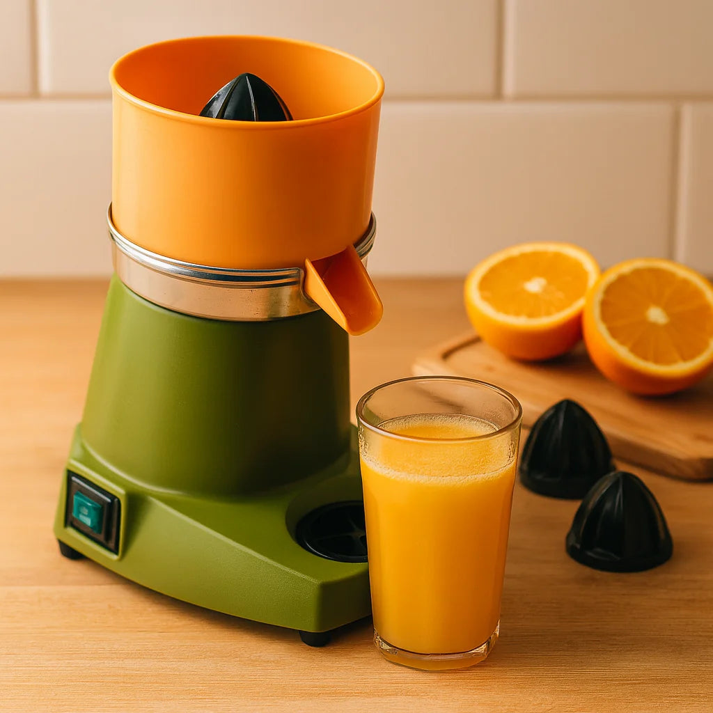 Presse Agrume Automatique Professionnel Compact en gros plan avec un verre de jus fraîchement pressé