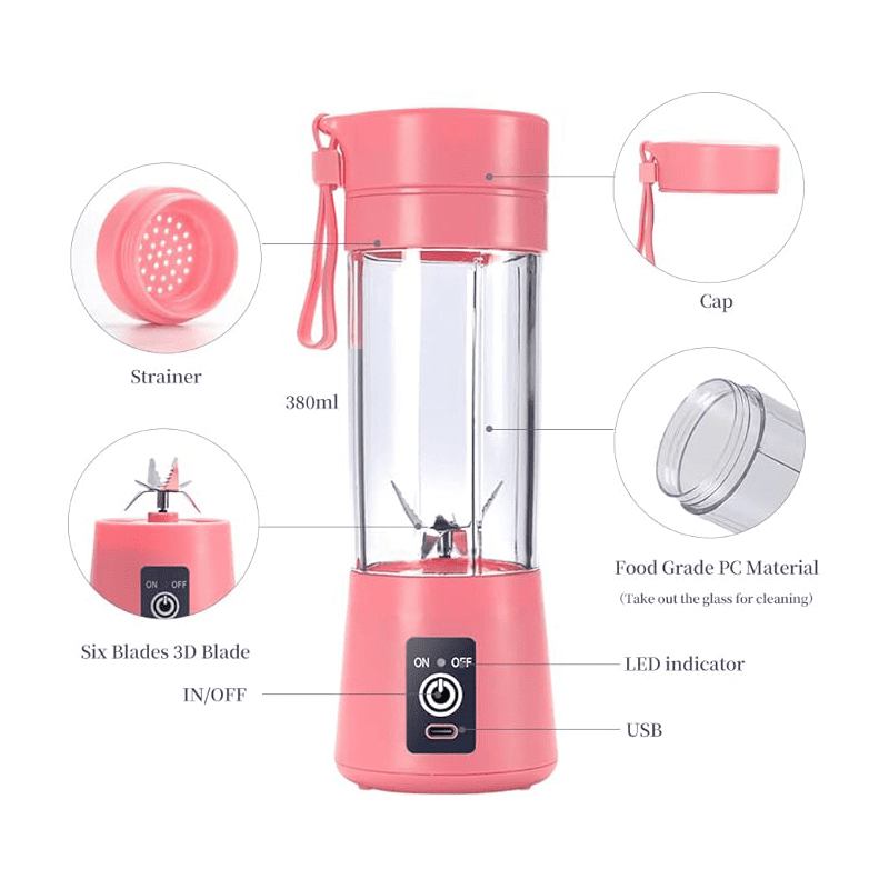 Presse agrume électrique portable avec moteur intégré et flacon transparent.