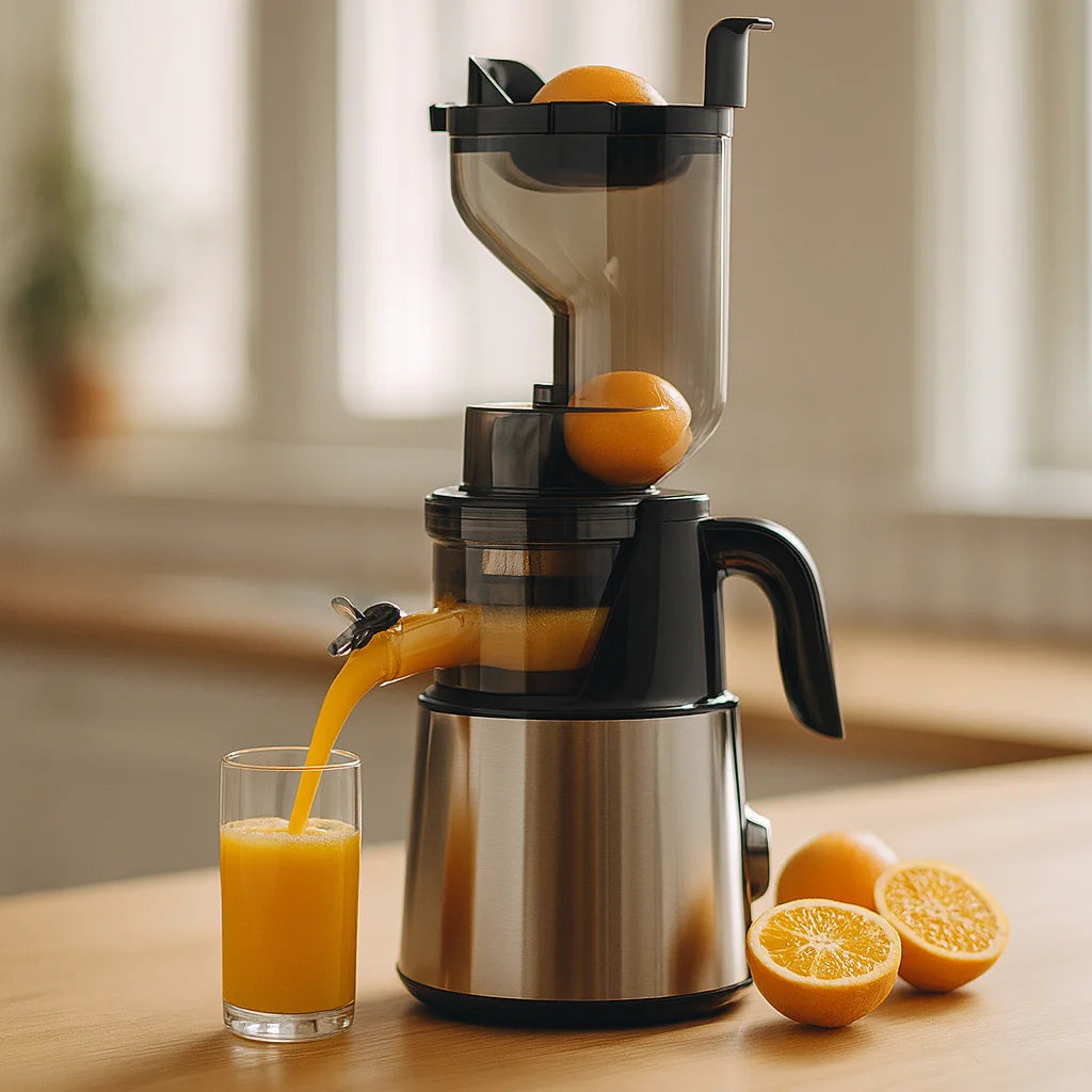 Presse Agrume Électrique pour Fruits sur un plan de travail de cuisine avec des fruits frais et un verre de jus