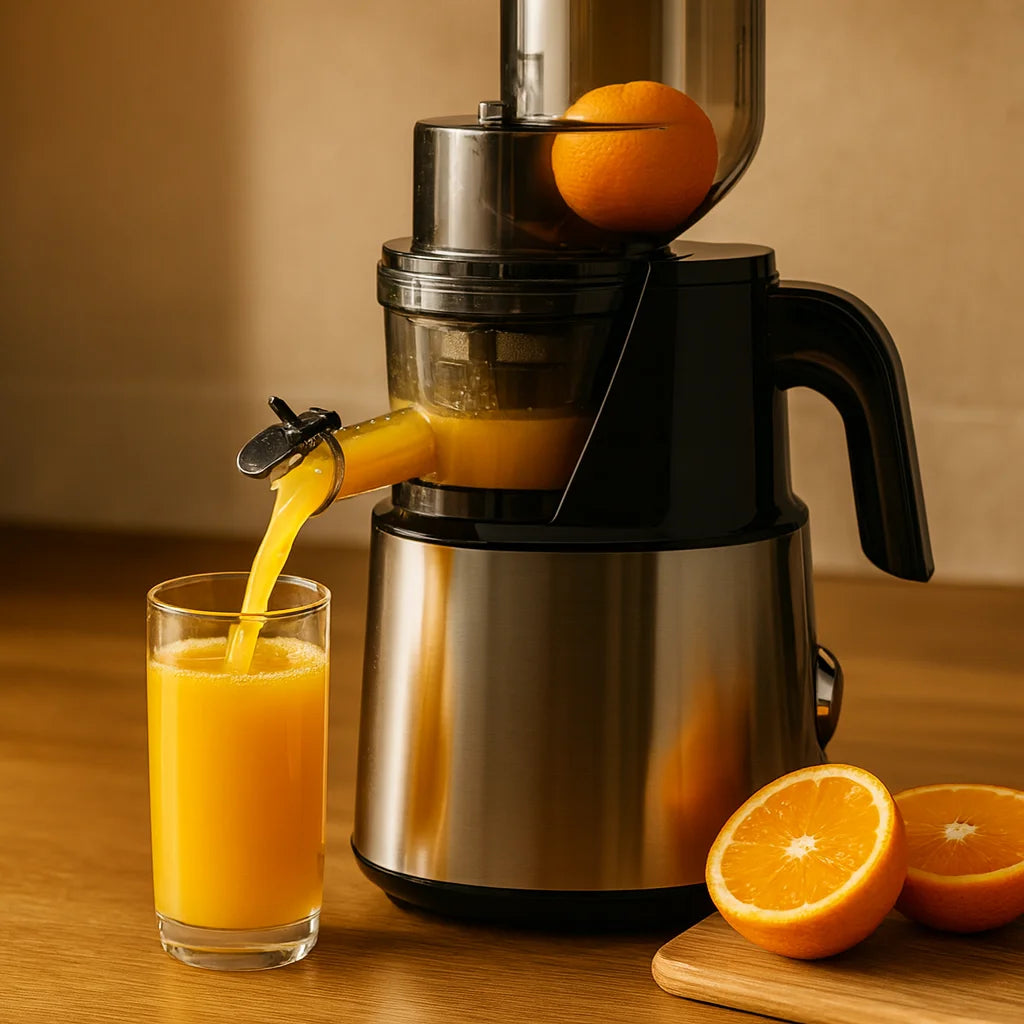 Presse Agrume Électrique pour Fruits en gros plan avec un verre de jus fraîchement pressé