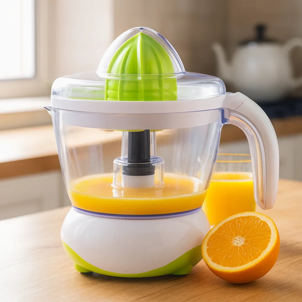 Presse Agrume Électrique avec Verseuse Graduée 700 ml sur un plan de travail de cuisine avec des fruits frais et un verre de jus