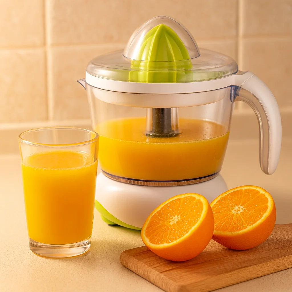 Presse Agrume Électrique avec Verseuse Graduée 700 ml en gros plan avec un verre de jus fraîchement pressé
