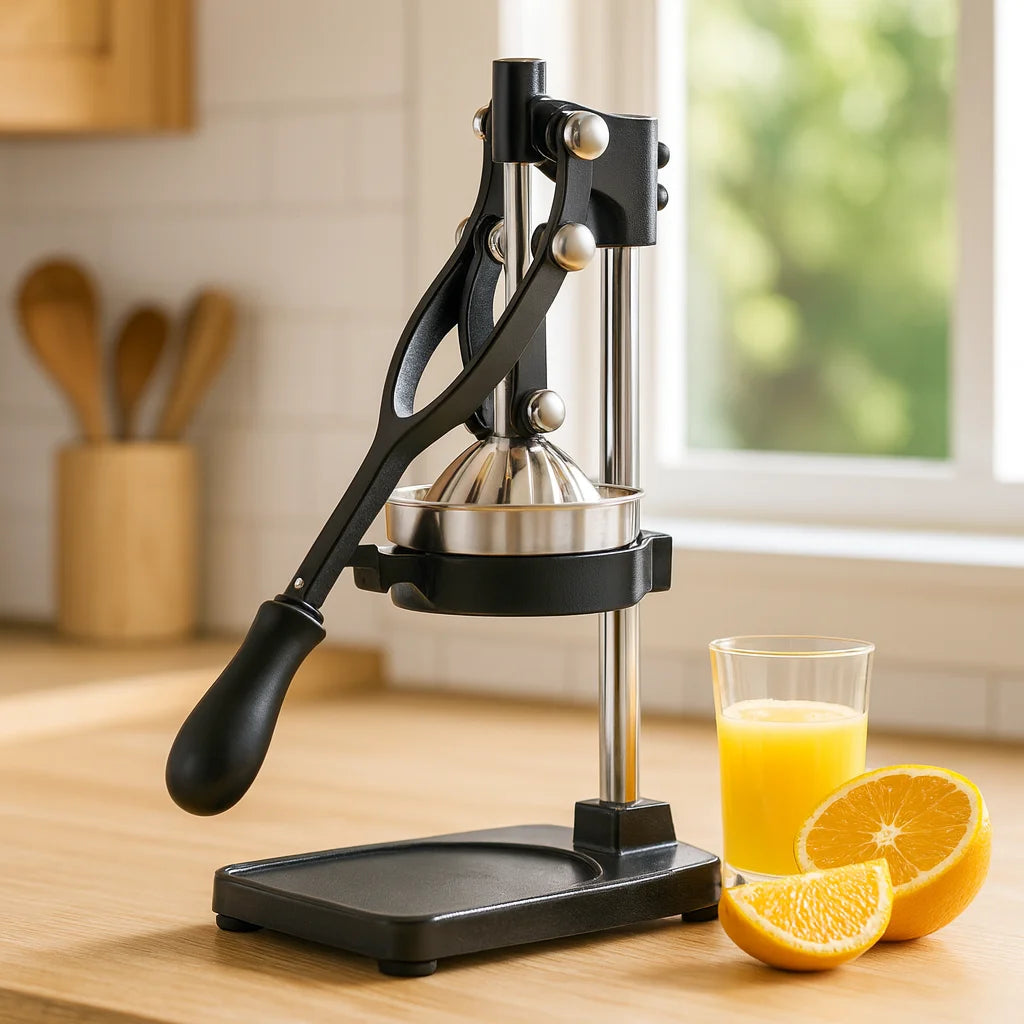 Presse Agrume à Levier en Fonte Noir sur un plan de travail de cuisine avec des fruits frais et un verre de jus