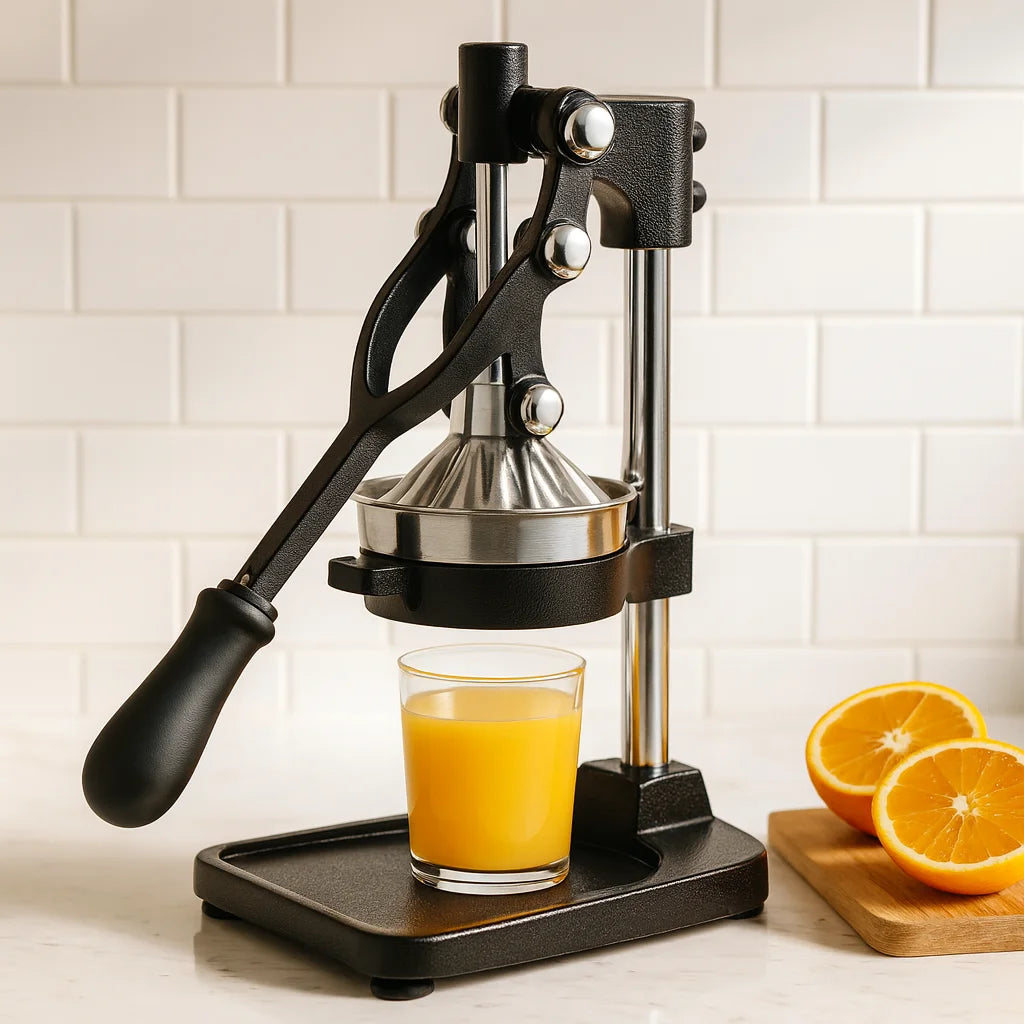Presse Agrume à Levier en Fonte Noir en gros plan avec un verre de jus fraîchement pressé