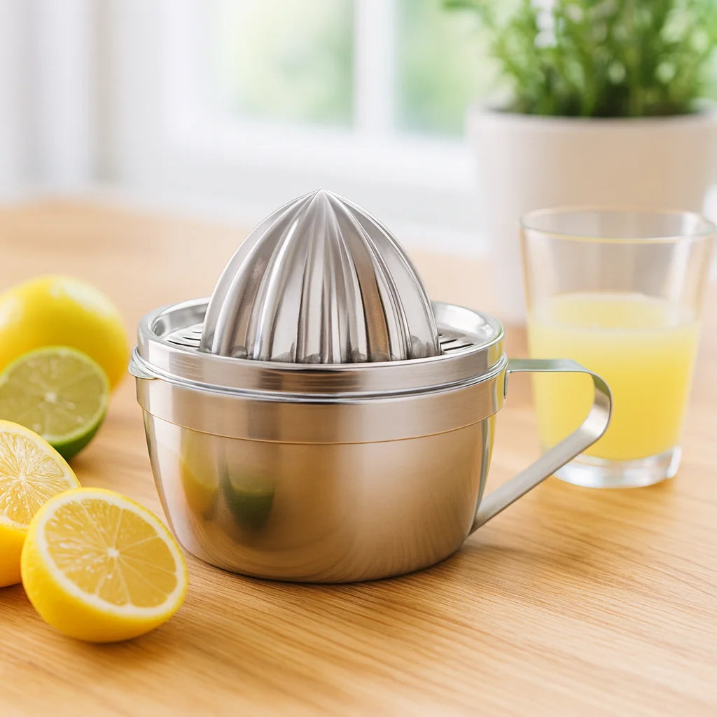 Presse Agrume Manuel Inox Compact sur un plan de travail de cuisine avec des fruits frais et un verre de jus