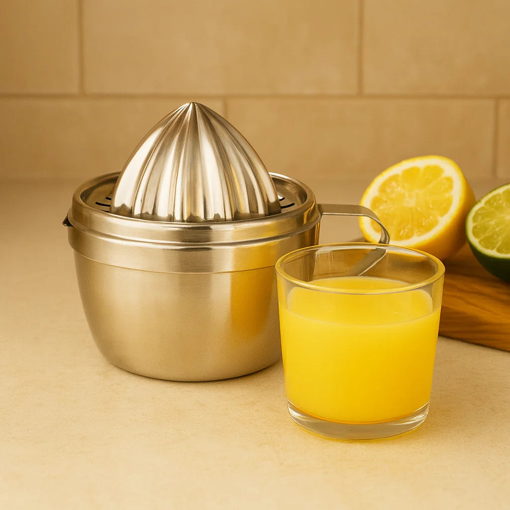 Presse Agrume Manuel Inox Compact en gros plan avec un verre de jus fraîchement pressé