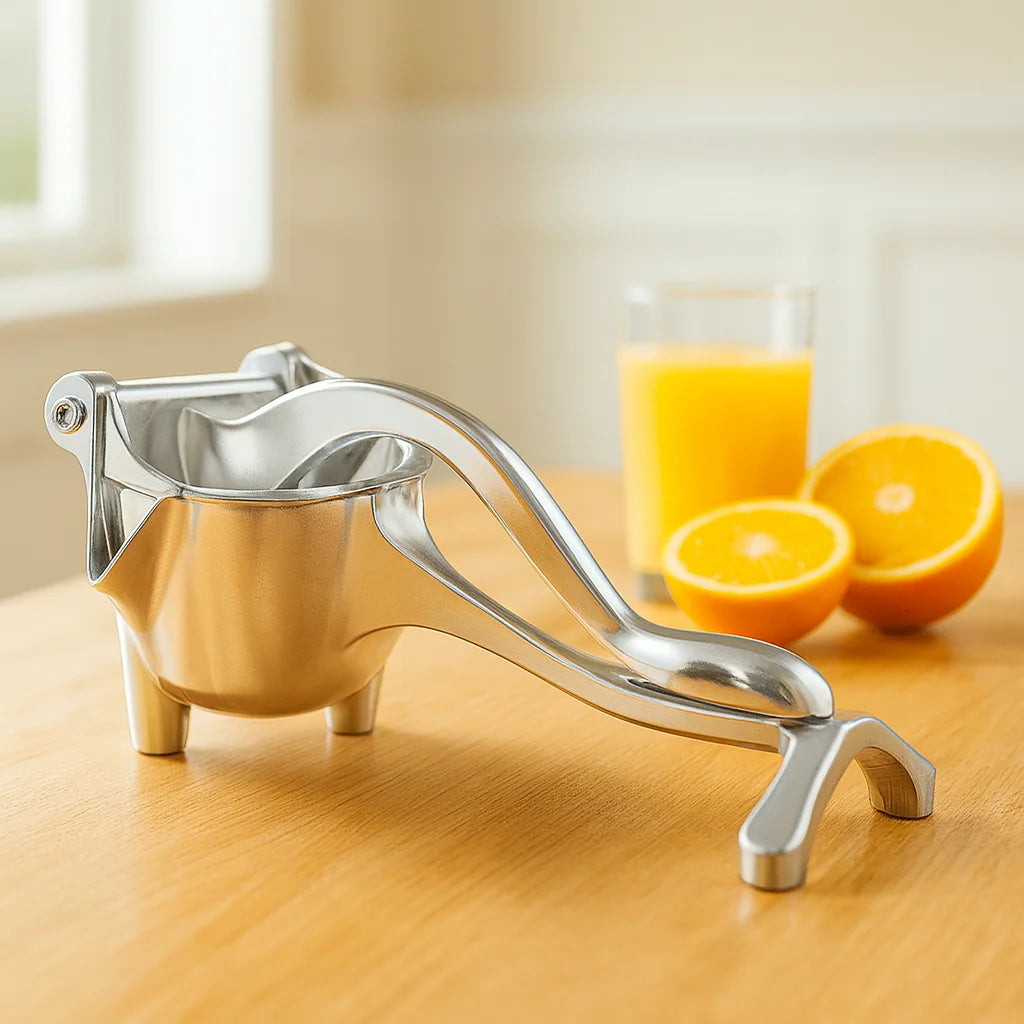 Presse Agrume Manuel Premium sur un plan de travail de cuisine avec des fruits frais et un verre de jus
