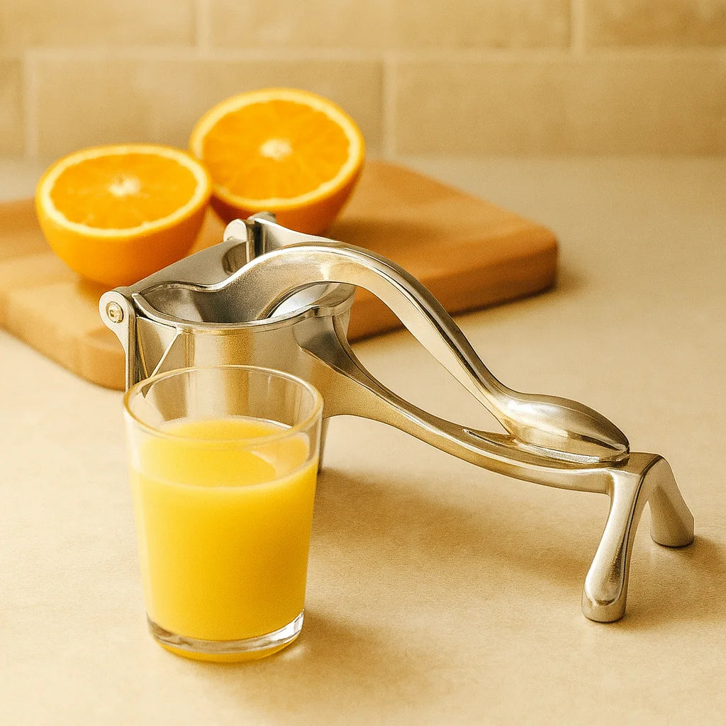 Presse Agrume Manuel Premium en gros plan avec un verre de jus fraîchement pressé