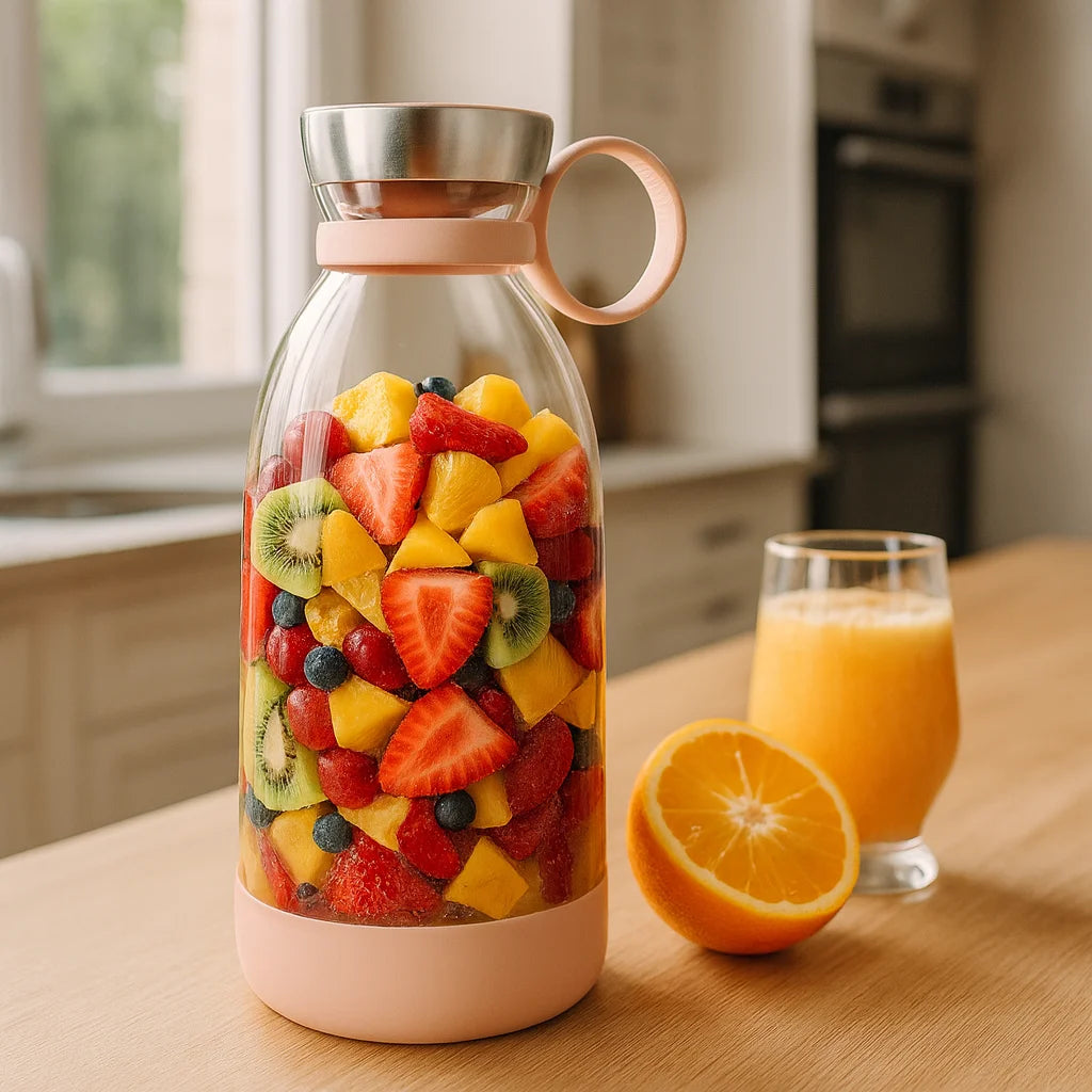 Presse Agrume Portable Design Fresh Juice sur un plan de travail de cuisine avec des fruits frais et un verre de jus