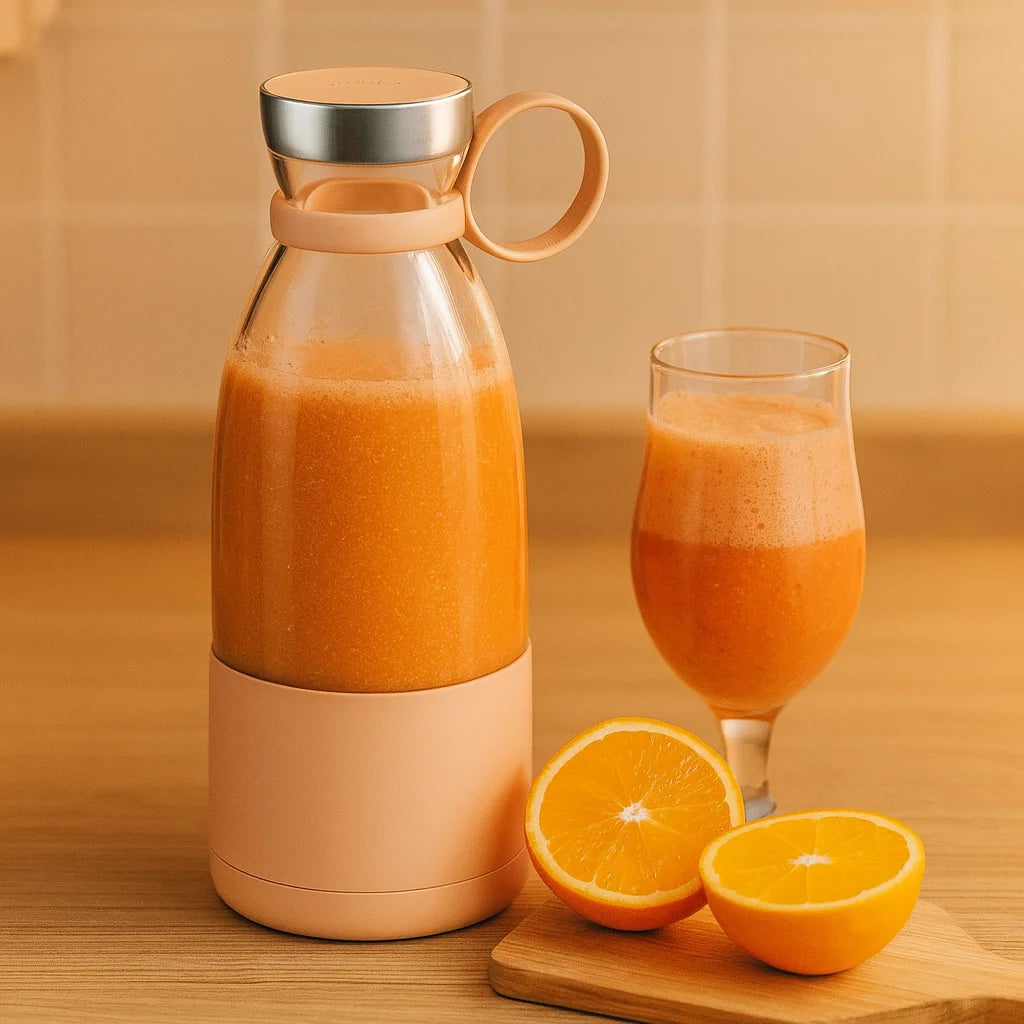 Presse Agrume Portable Design Fresh Juice en gros plan avec un verre de jus fraîchement pressé