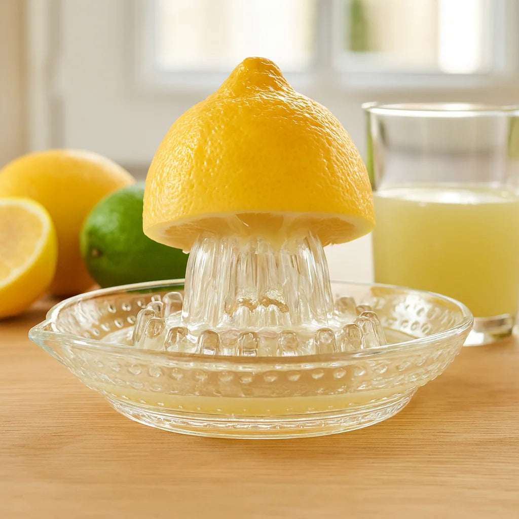 Presse Agrume en Verre Vintage sur un plan de travail de cuisine avec des fruits frais et un verre de jus
