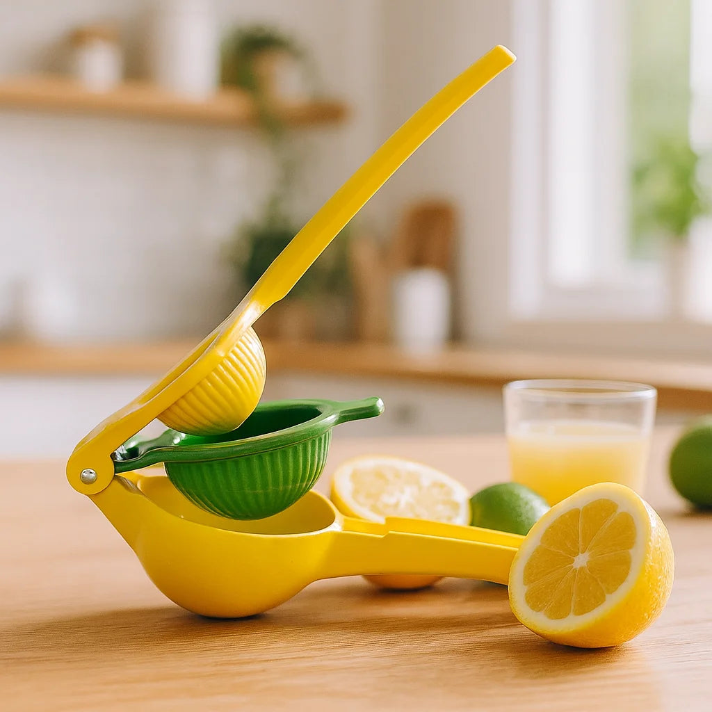 Presse Citron Manuel Compact sur un plan de travail de cuisine avec des fruits frais et un verre de jus