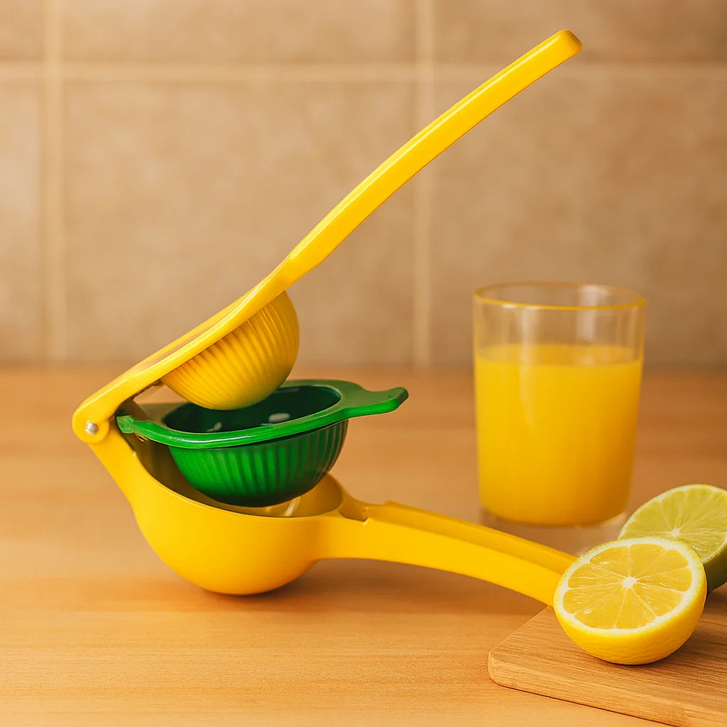Presse Citron Manuel Compact en gros plan avec un verre de jus fraîchement pressé
