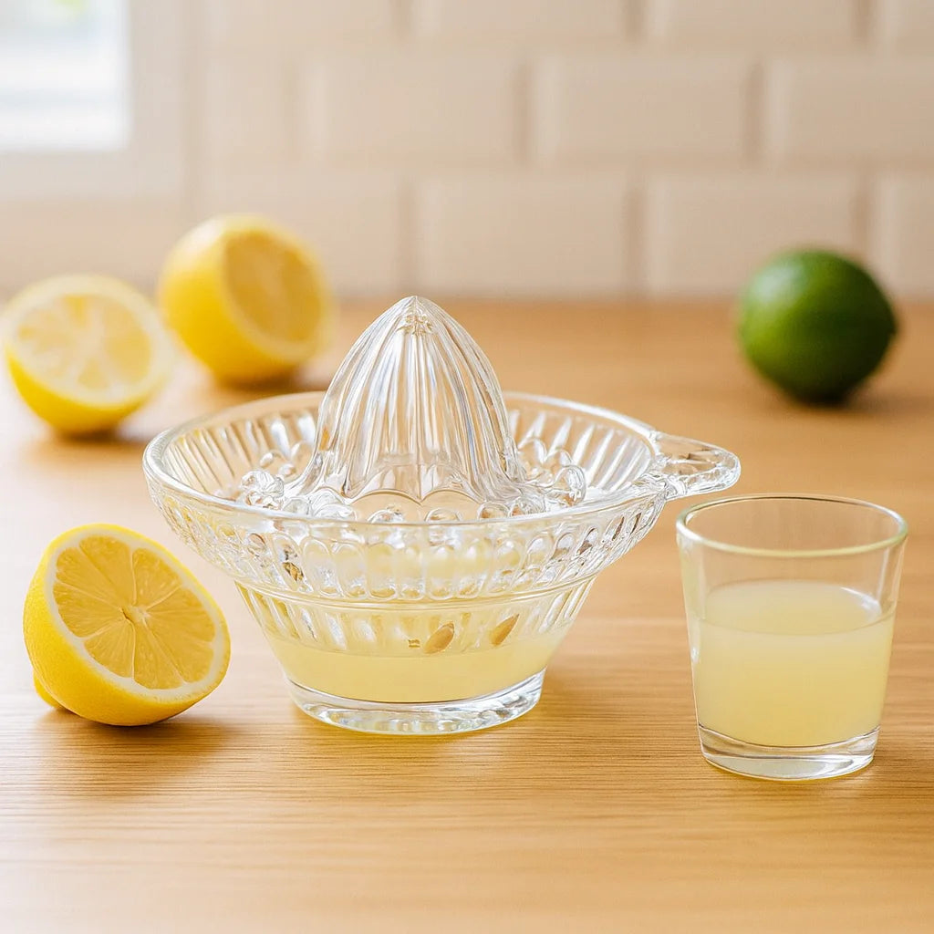 Presse Citron en Verre avec Anse sur un plan de travail de cuisine avec des fruits frais et un verre de jus
