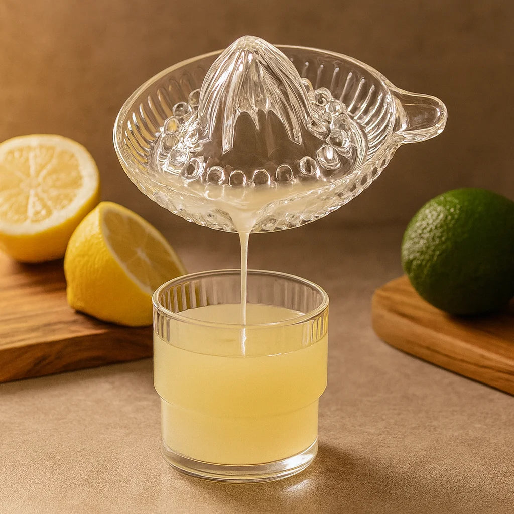 Presse Citron en Verre avec Anse en gros plan avec un verre de jus fraîchement pressé