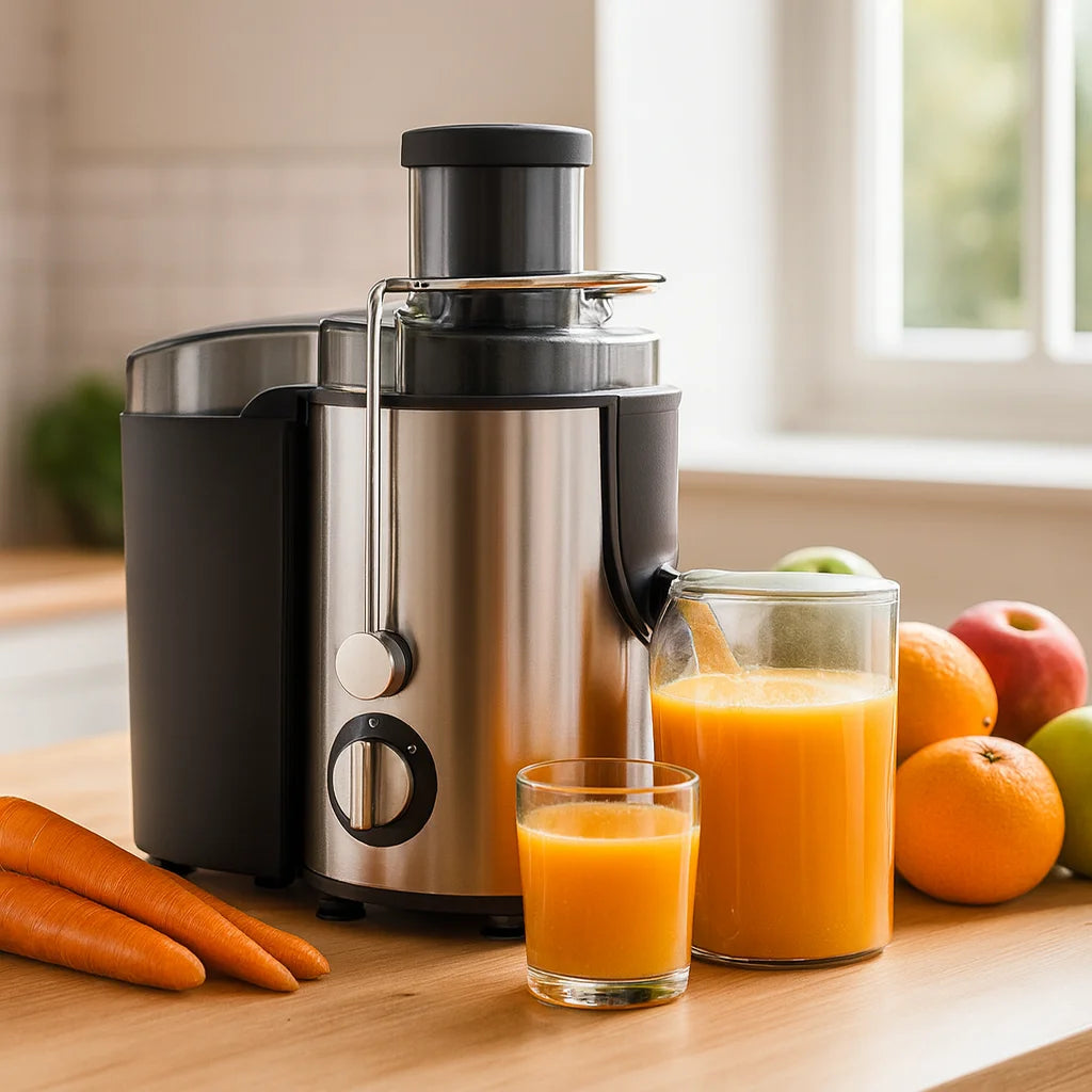 Presse Fruits Centrifuge Électrique Haute Puissance sur un plan de travail de cuisine avec des fruits frais et un verre de jus