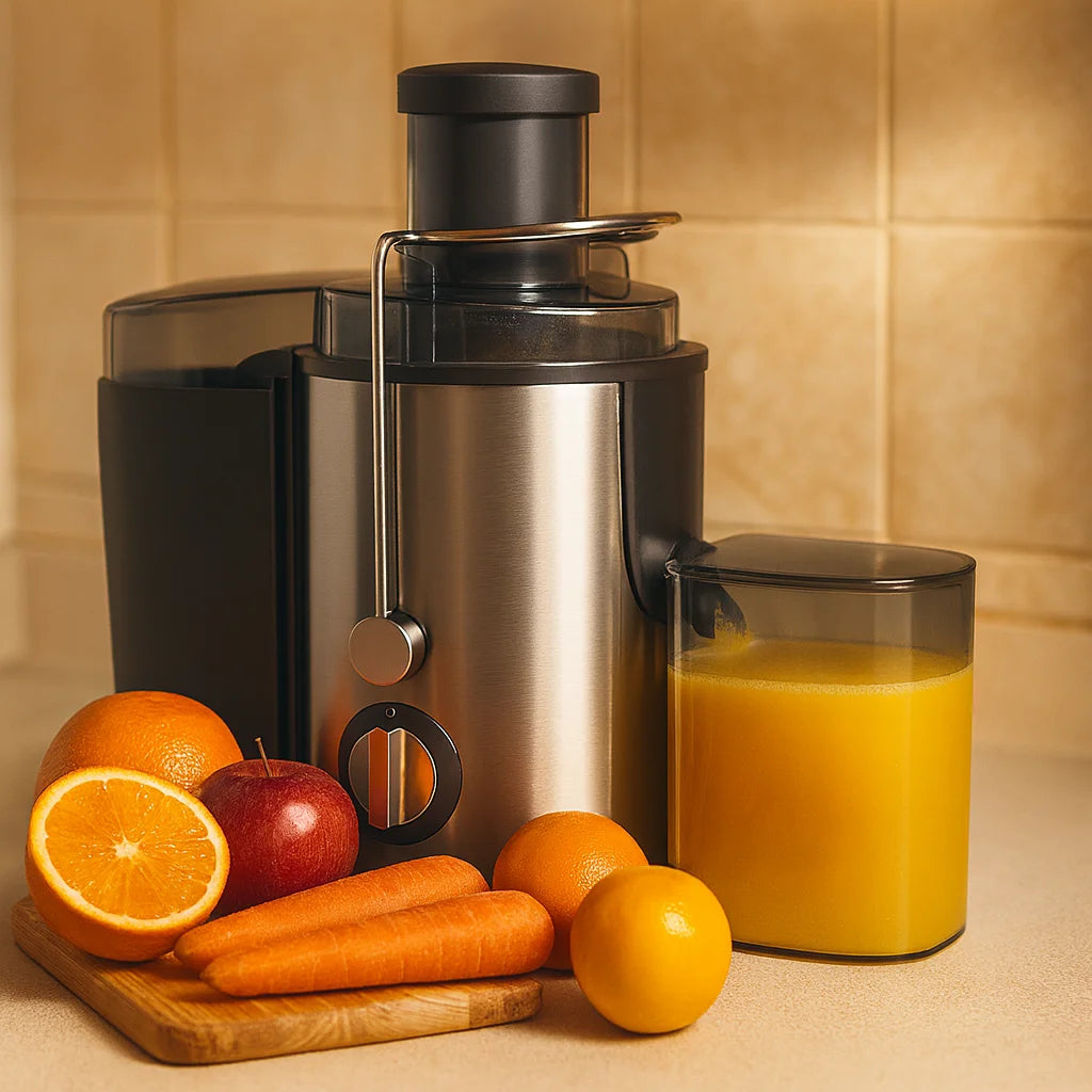 Presse Fruits Centrifuge Électrique Haute Puissance en gros plan avec un verre de jus fraîchement pressé