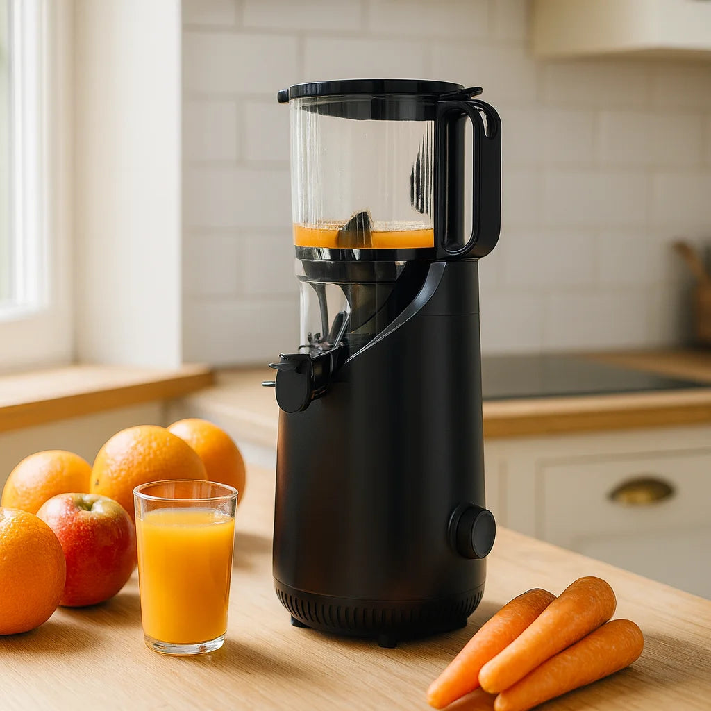 Presse Fruits Électrique Vertical Premium sur un plan de travail de cuisine avec des fruits frais et un verre de jus