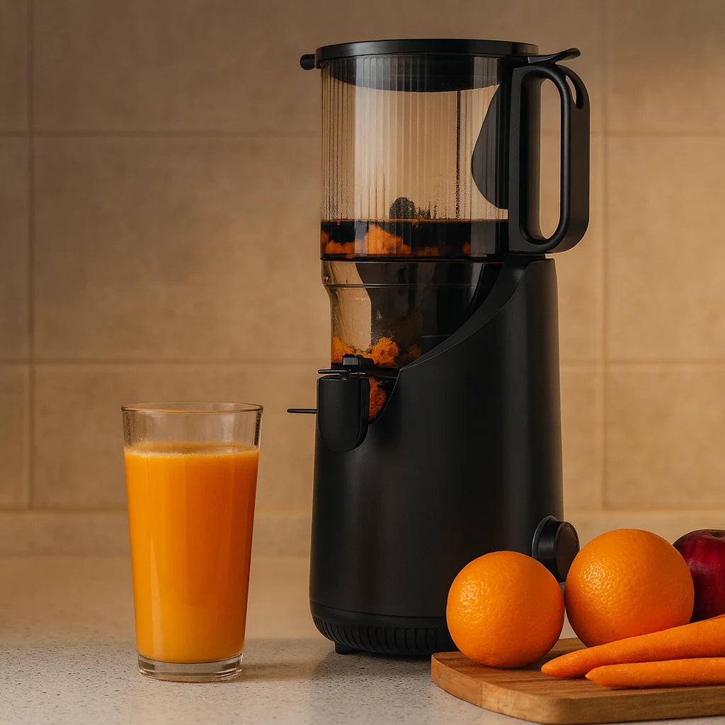 Presse Fruits Électrique Vertical Premium en gros plan avec un verre de jus fraîchement pressé