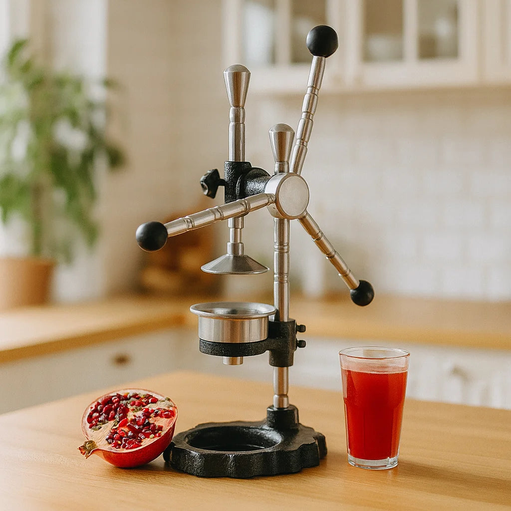 Presse Grenade à Levier Professionnel sur un plan de travail de cuisine avec des fruits frais et un verre de jus