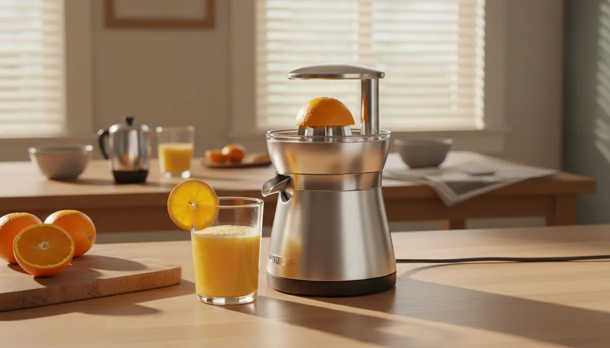 Presse agrume electrique Philips sur plan de travail avec jus d'orange frais
