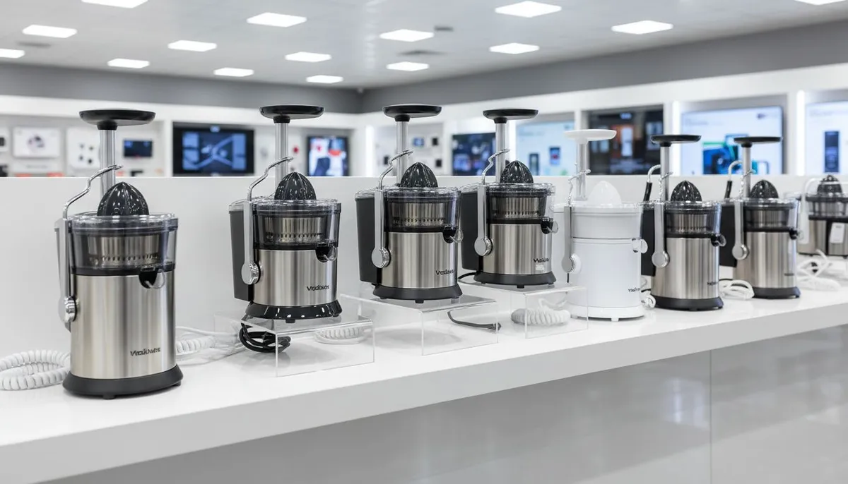 Selection de presse-agrumes electriques alignes sur etagere magasin
