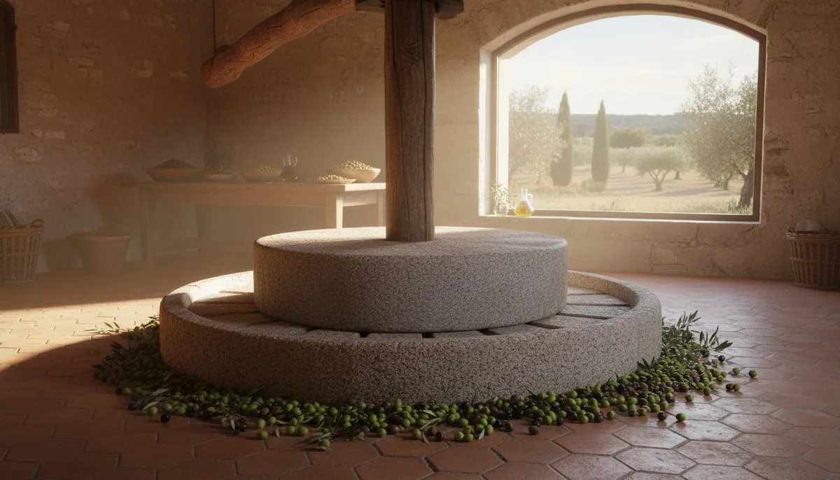 Presse olive traditionnelle en pierre dans une oliveraie provencale
