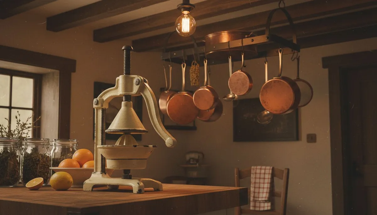 Presse agrume vintage retro en fonte emaillee dans cuisine ancienne