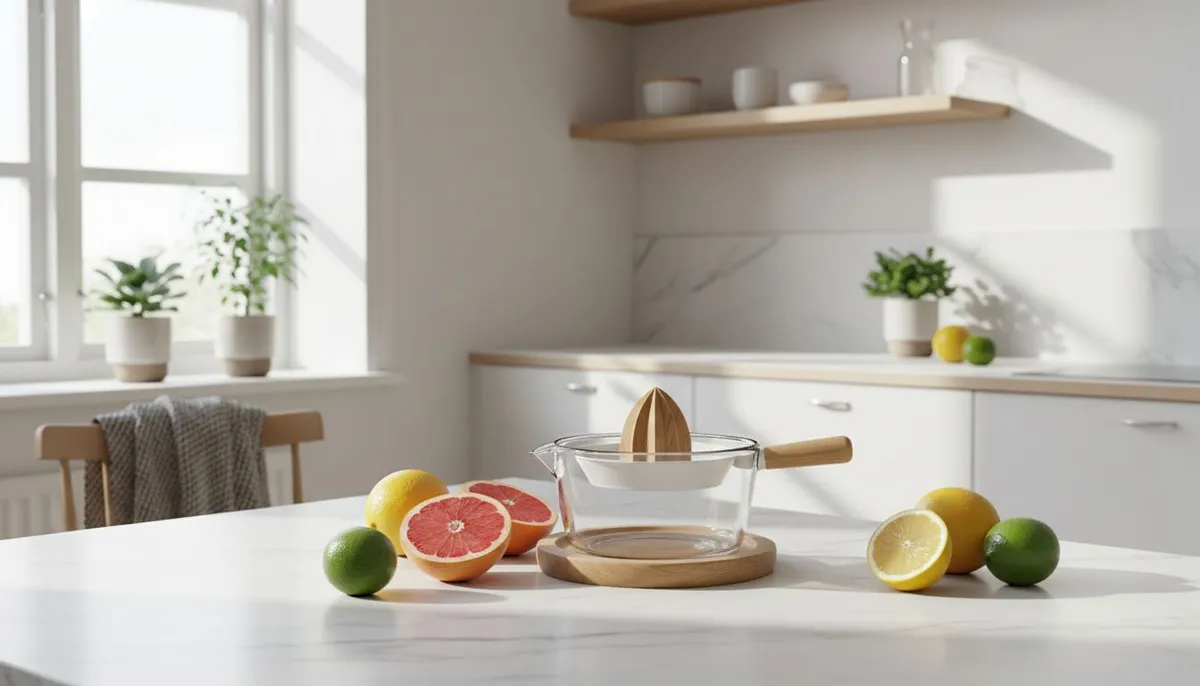 Presse agrume design scandinave en verre et bois sur cuisine IKEA